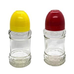 1960's Glass Salt & Pepper Shakers Red & Yellow Plastic Tops 4" tall